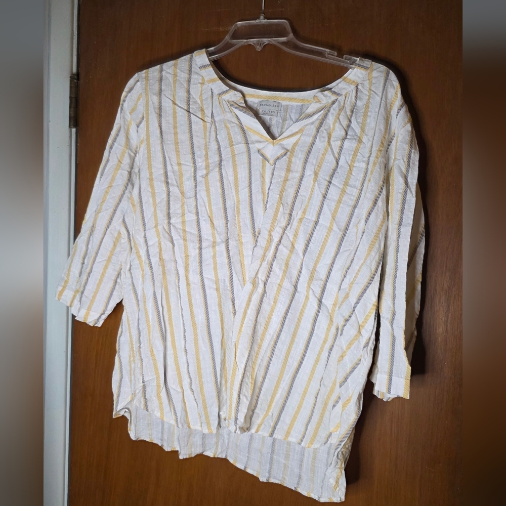 Van Heusen Women’s XXL Yellow & Gray Striped 3/4 Sleeve Cotton Blend Top